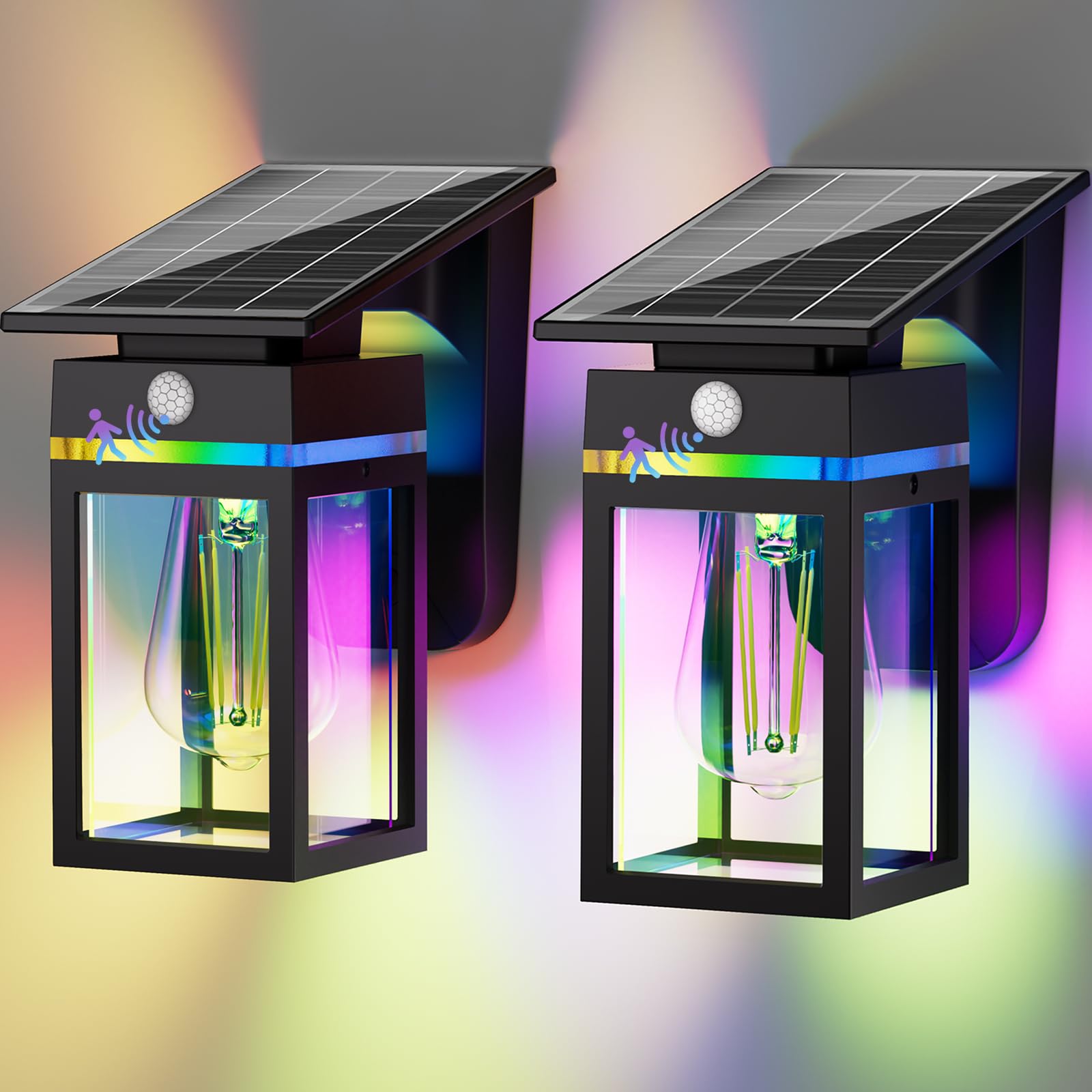 Photo 1 of 2 Pack RGB Solar Wall Lights Outdoor, Dusk to Dawn & Motion Sensor Porch Light with Lantern Shape, 10 Modes (RGB Cycle/Fixed) IP65 Waterproof, E26 Bulb Exterior Sconce for Front Porch, Garage, Patio