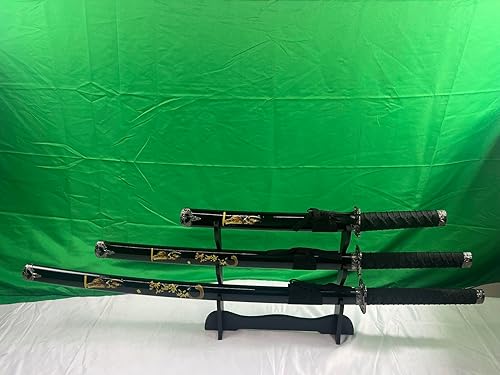 Miniatura 6 de Kinstore Juego de espada samurái japonesa tradicional hecha a mano de 3 piezas con soporte de exhibición. Katana, Wakizashi, espadas Tanto. Dragón