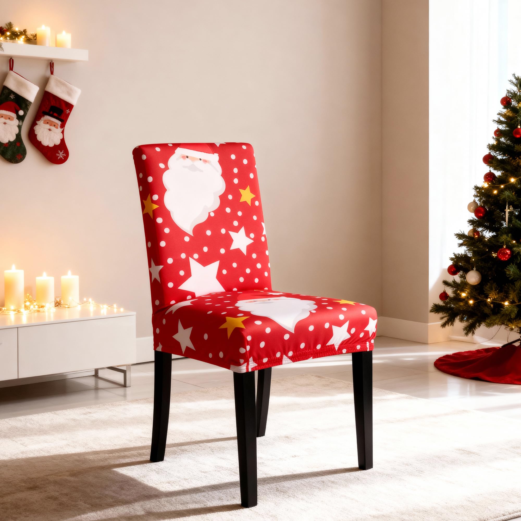 WedDecor Dining Christmas Chair Cover, Spandex Stretch Xmas Chair Santa Printed Seat Cover, Removable & Washable Chair Slipcover for Kitchen, Wedding, Chair Protector, 1 Pc, Red Santa with Stars