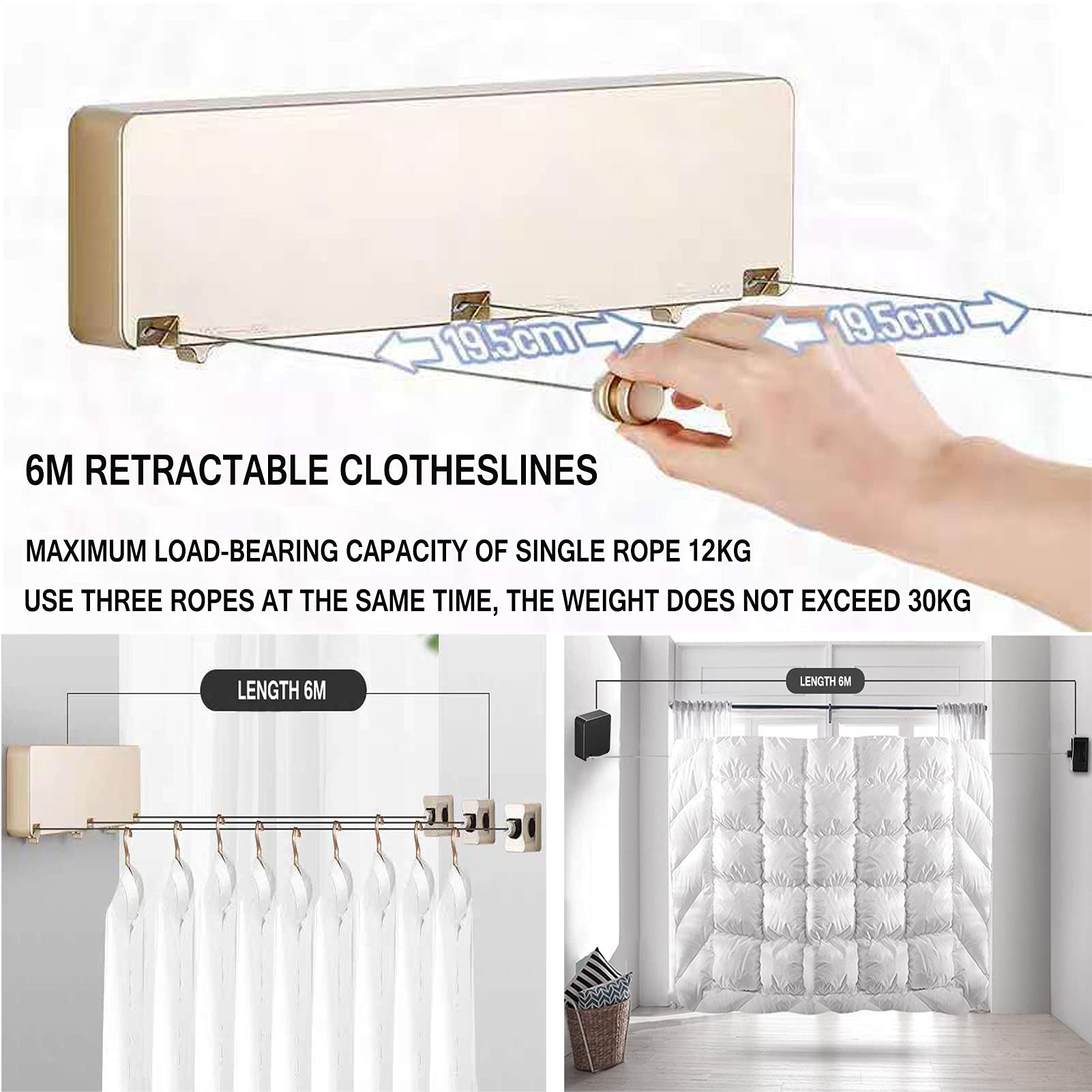 Corde À Linge Rétractable À Fixation Murale,3 Rangées De Corde De Séchage en Acier Inoxydable 304 De 6 M,Corde À Linge Extensible pour Extérieur Intérieur,Jardin,Balcon, Salle De Bains,Noir