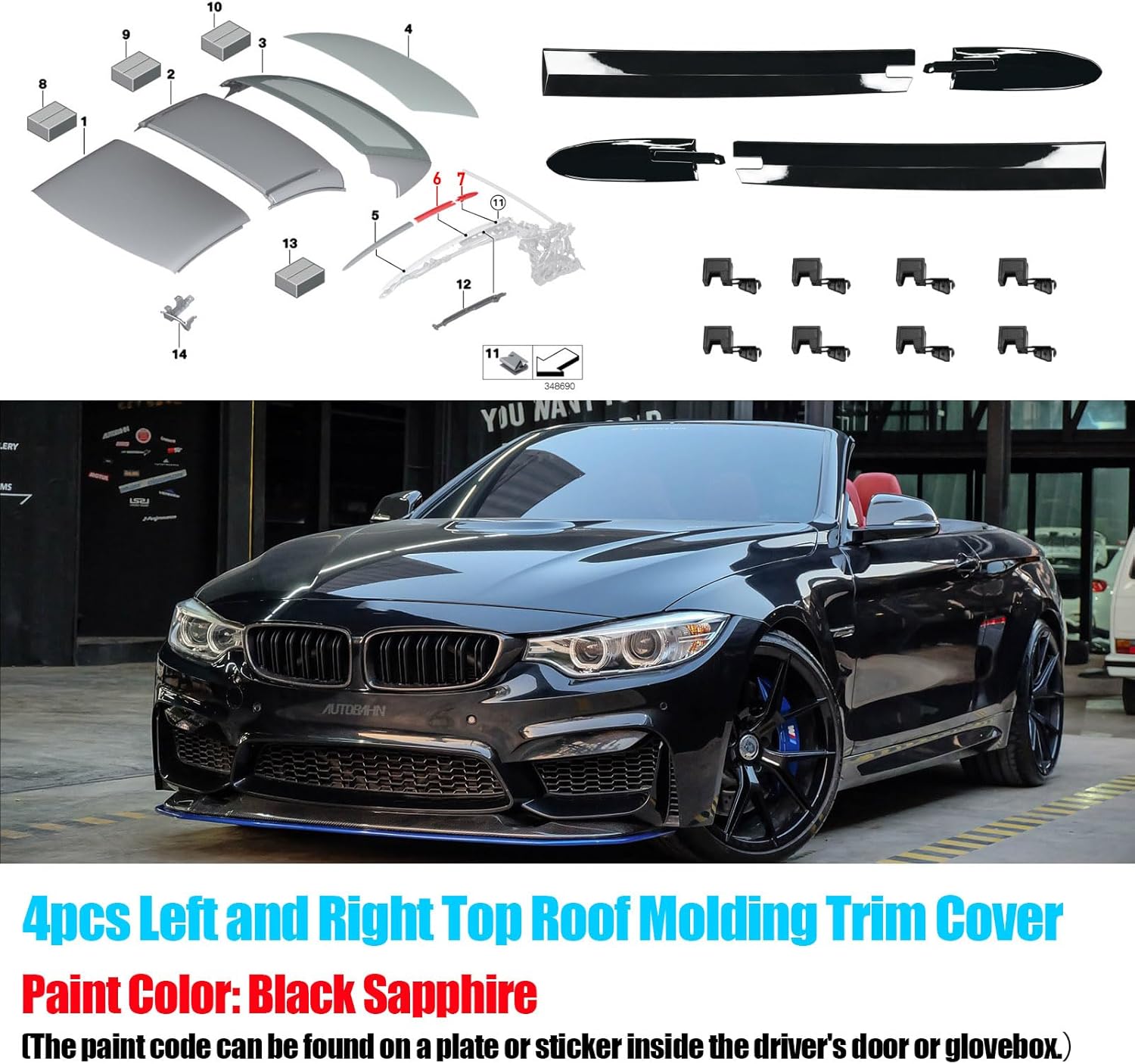 Jaronx Compatible with BMW Convertible Roof Hinge Cover (Black Sapphire) 3' E93 2006-2011,4' F33/M4 F83 2014-2019,4PCS Left&Right Top Roof Molding Cover 54377184037 54377184038 54377184047 54377184048