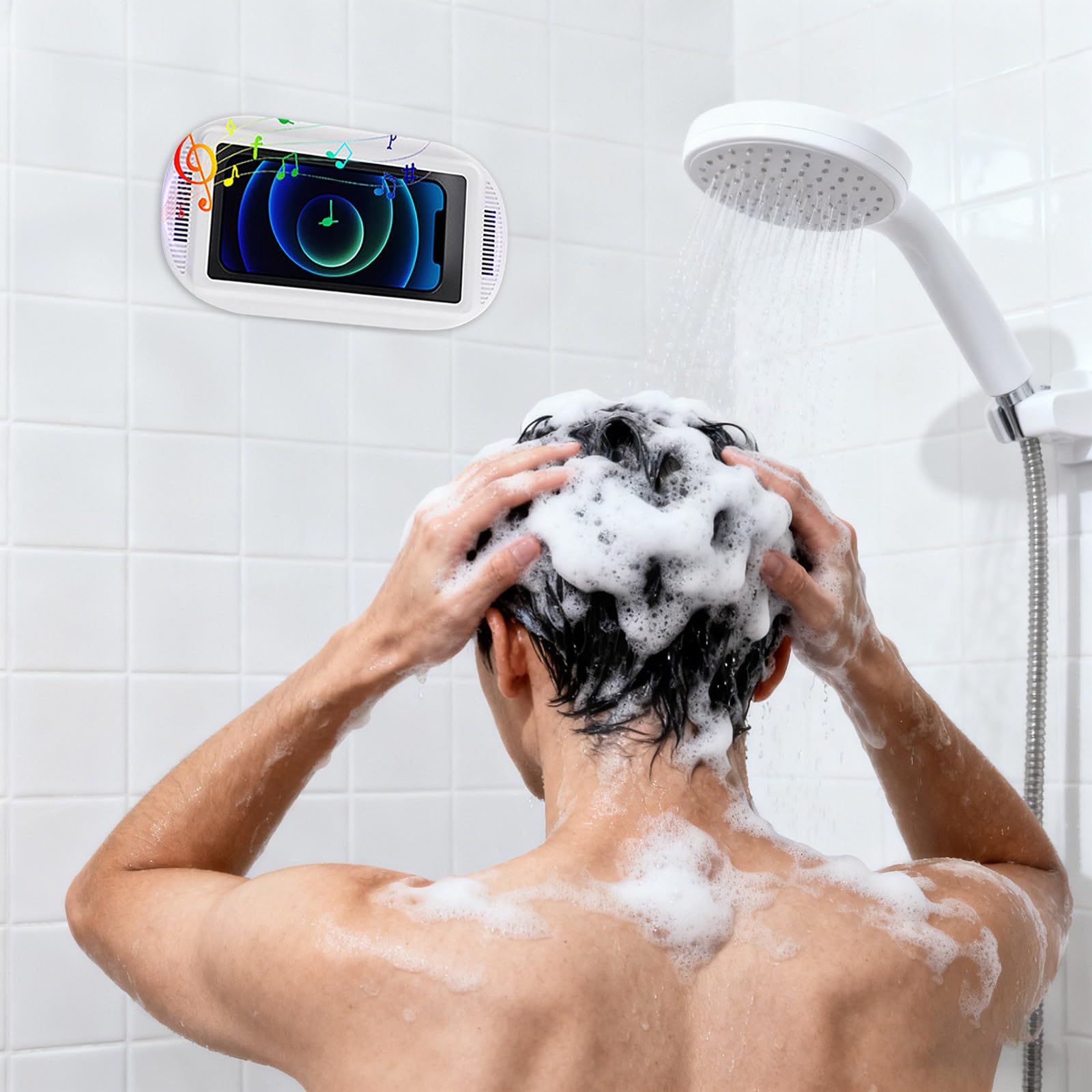 Dusch-Handyhalterung Wasserdicht mit Lautsprecher - Aqua Play Telefonhalter Aquaplay Telefonhülle, 360° Drehbar Anti-Beschlag Touchscreen Wandhalterung, Universal 4-7 Zoll Telefone Badezimmer