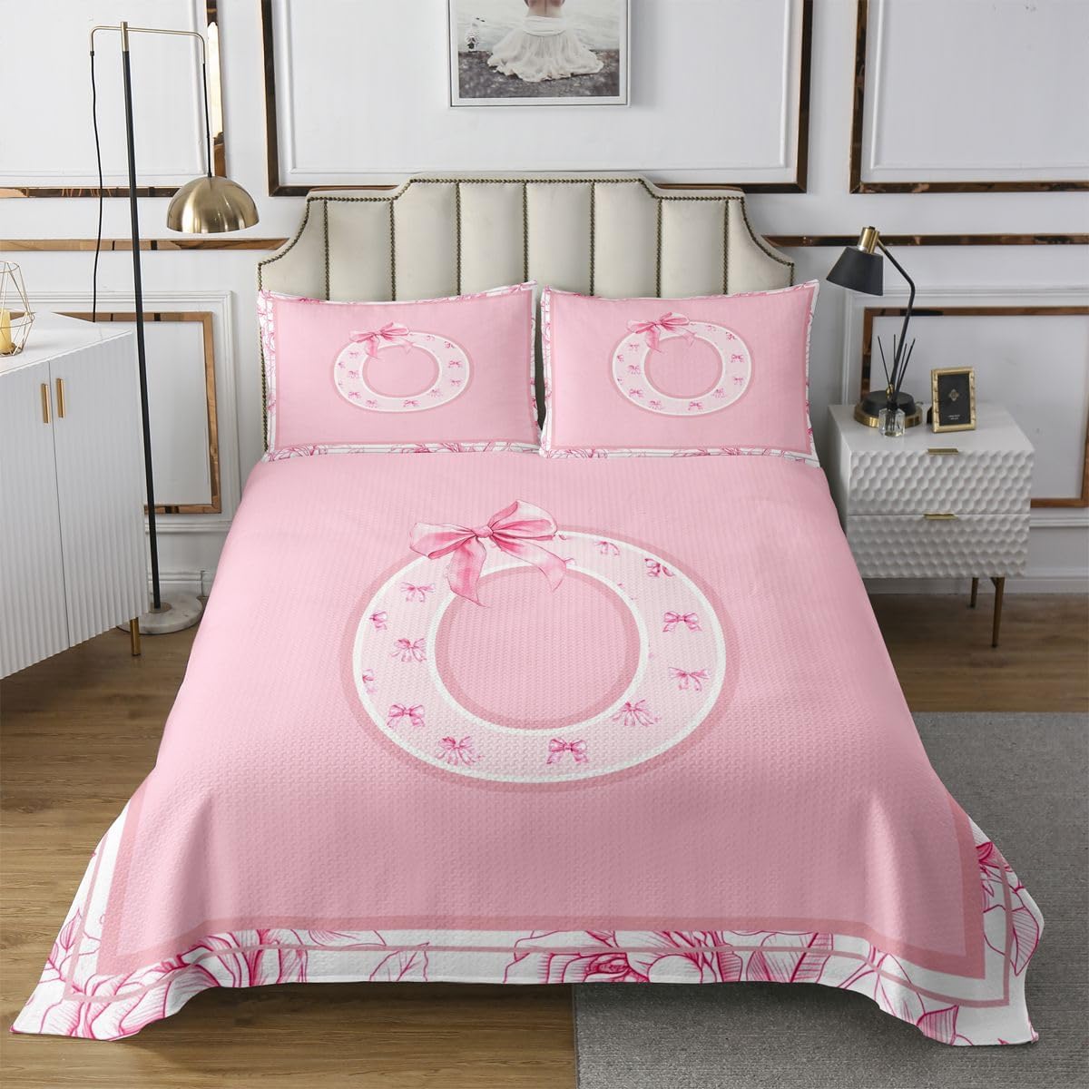 jejeloiu Pink Bow Bedspread 3 Pieces King Size Monogrammed Coverlet Set Soft Cozy Personalized Initial O Lightweight Quilted Coverlet for All Season with 2 Pillowcases Coquette Bows