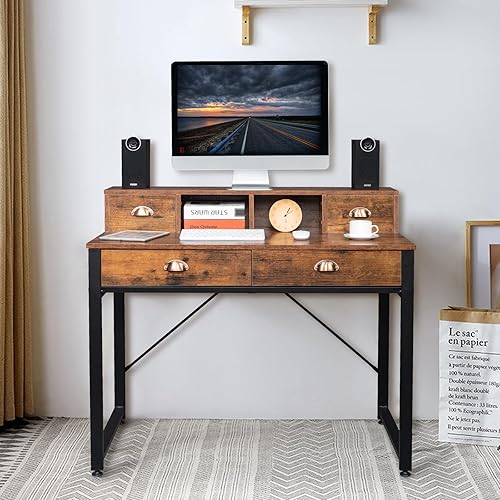 Escritorio para computadora con cajones y soporte para monitor, escritorio de estudio de oficina en casa, estación de trabajo industrial para