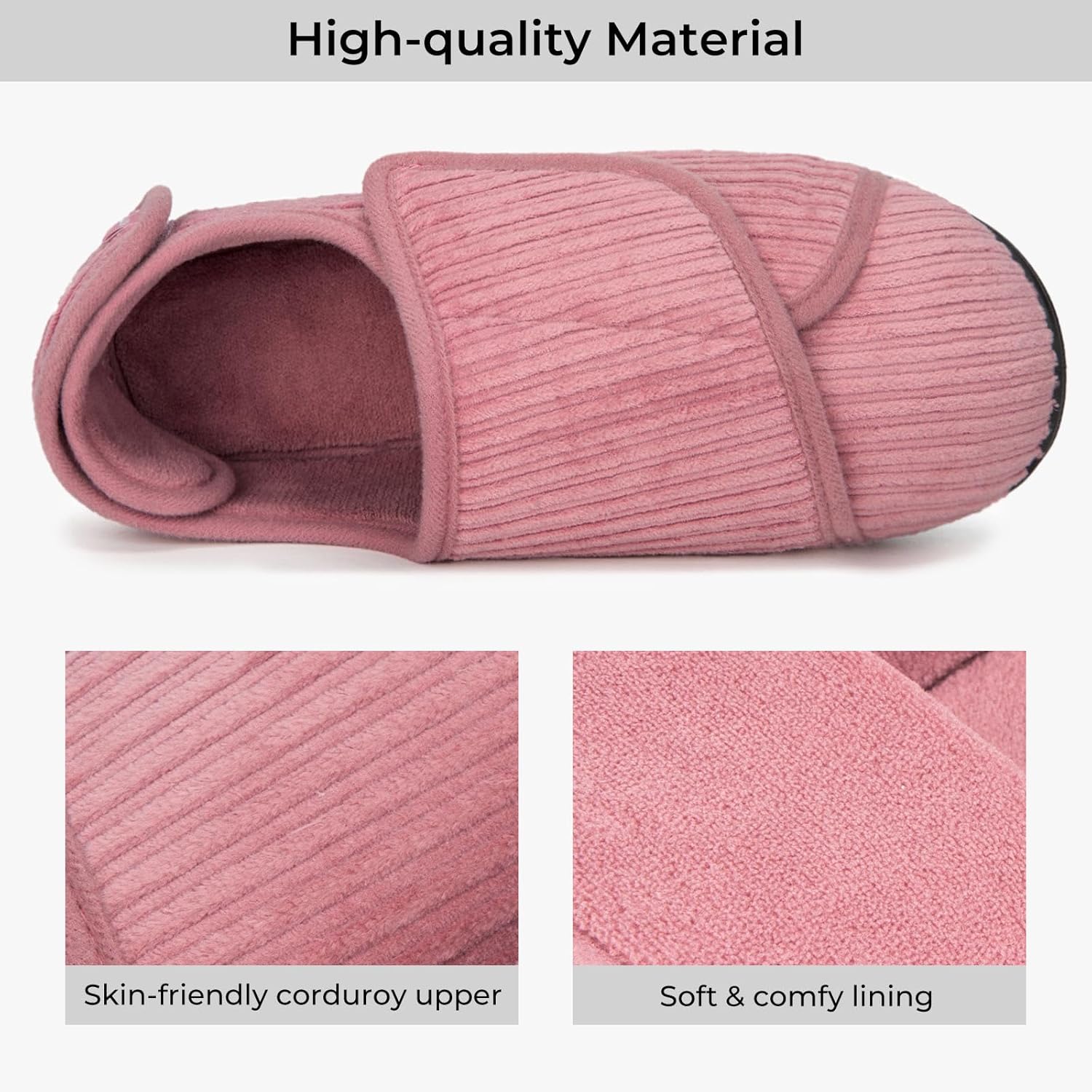HomeTop Women's Corduroy Slippers Comfy Adjustable Hook and Loop Memory Foam Indoor Closed-back House Shoes for Diabetic Swollen Feet - Image 4