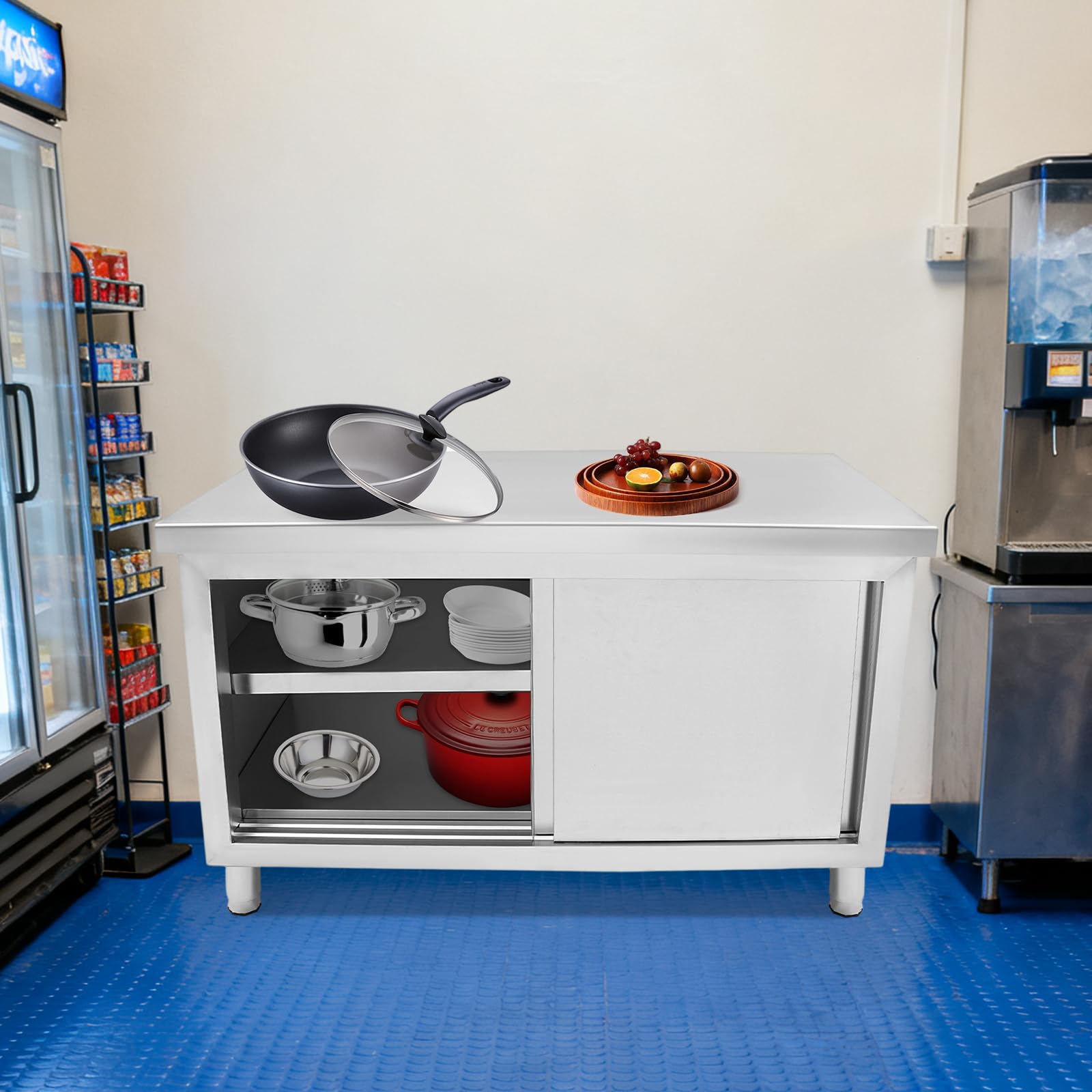 Komercyjny stół roboczy ze stali nierdzewnej z drzwiami przesuwnymi, 120 x 50 cm, wytrzymała szafka kuchenna do gastronomii, przemysłu i warsztatu, wszechstronny stół do przygotowania i