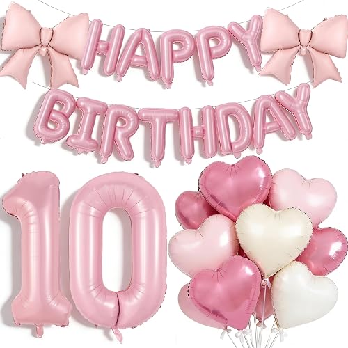 Pink Happy 10th Birthday Decorations, Large 10 Number Foil Balloon 21 Inch Pink Bow 16 Inch Happy Birthday Letter Balloons Banner with 18 Inch Heart Balloons for Girls Party