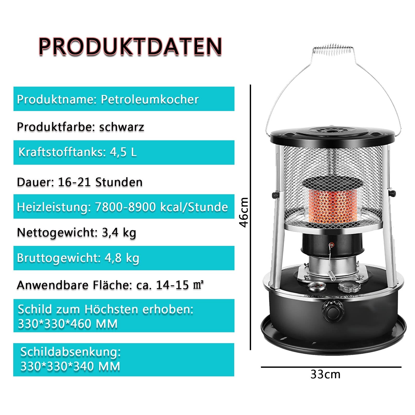 Petroleumheizung Mit Löschautomatik Kopp, Petroleumofen, Petroleumofen Für Innenräume, Mobile Heizung Ohne Strom, Petroleum Ofen Heizung,mit 6 Dochten (Color : 002-Black)