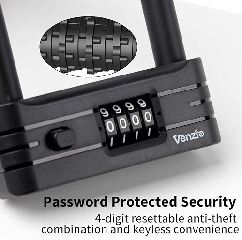 Miniatura 4 de Venzio Cerradura en U con combinación de bicicleta, antirrobo, 4 dígitos, código reiniciable, candado de bicicleta con grillete de 0.79 pulgadas con