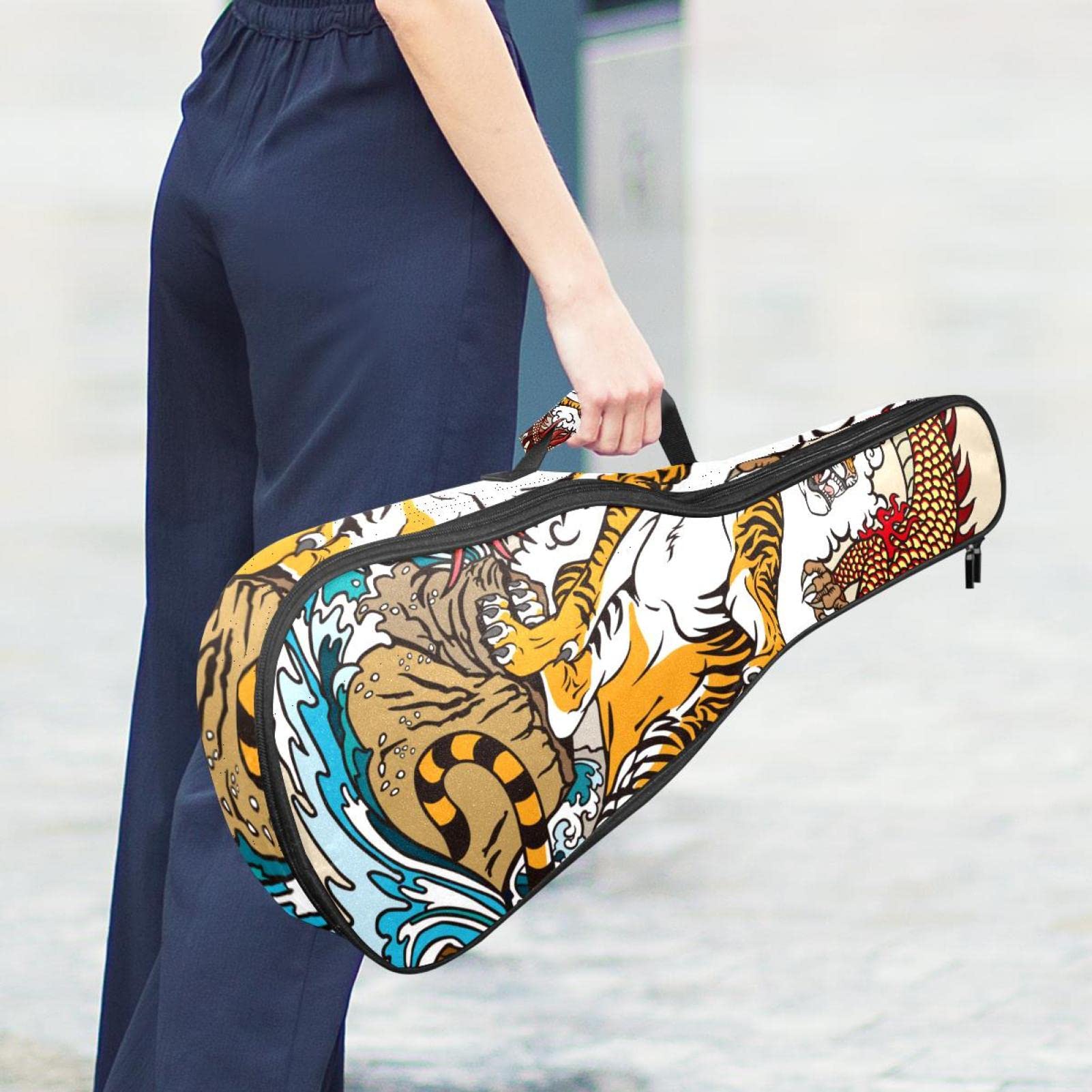 Sac à dos robuste pour ukulélé de concert - Sac de rangement pour ukulélé soprano - Sac rembourré de 10 mm - Motif tigre chinois