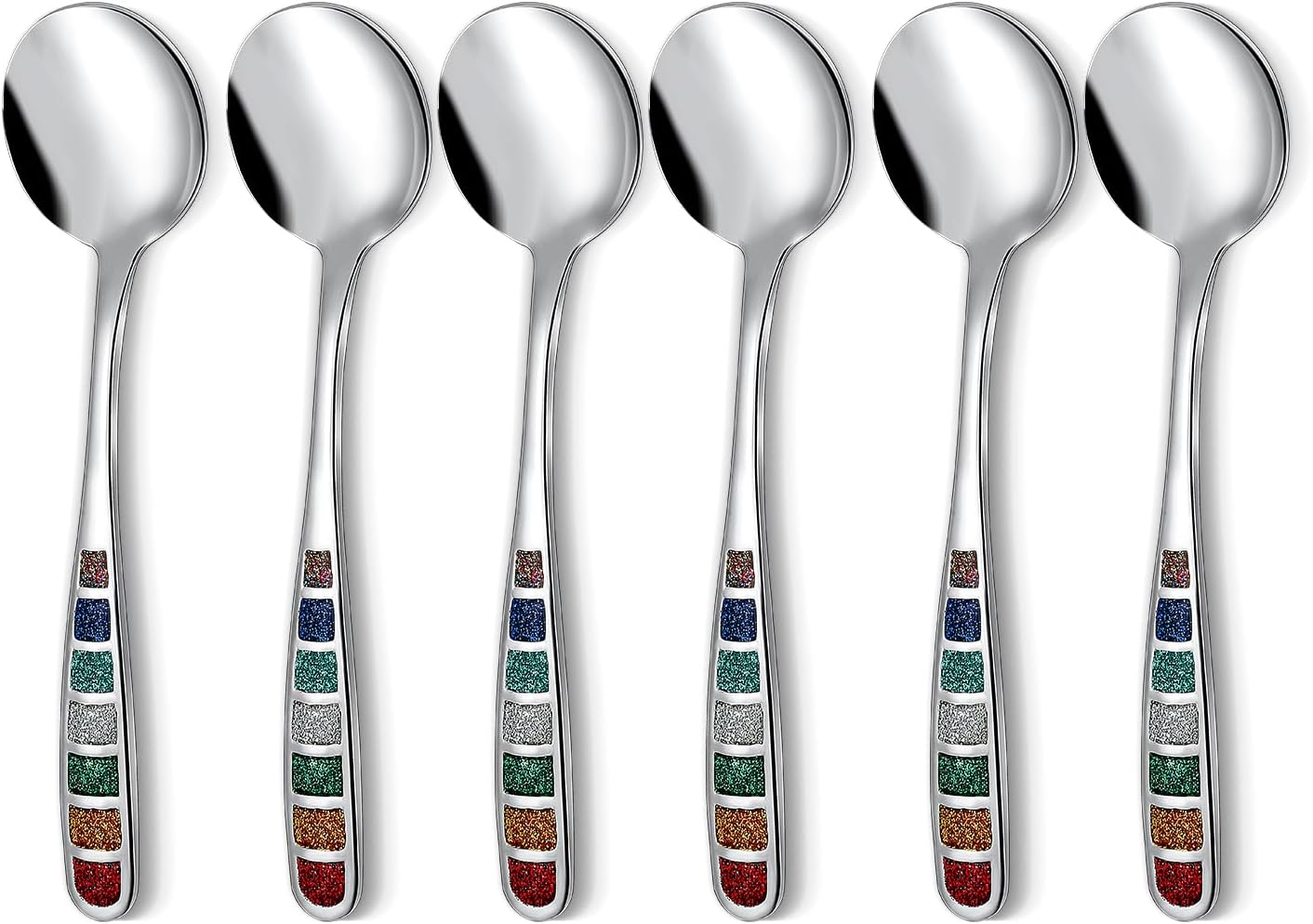 Premium 7.24" European Soup Spoons, Stainless Steel creative colorful enamel spoon drinking spoon, Dishwasher Safe Disinfection cabinet Set of 6