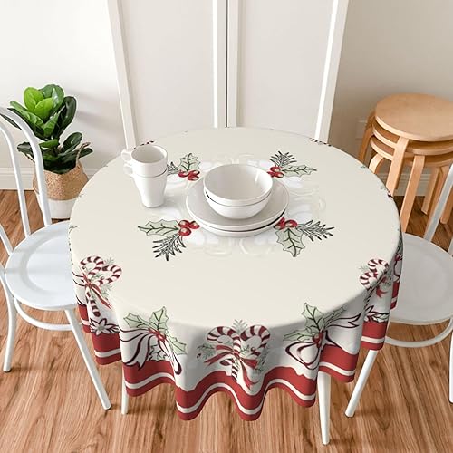 Miniatura 5 de Manteles redondos de Navidad con bastón de caramelo y cinta de Navidad, de 60 pulgadas, para invierno, color rojo, para fiestas en el hogar,
