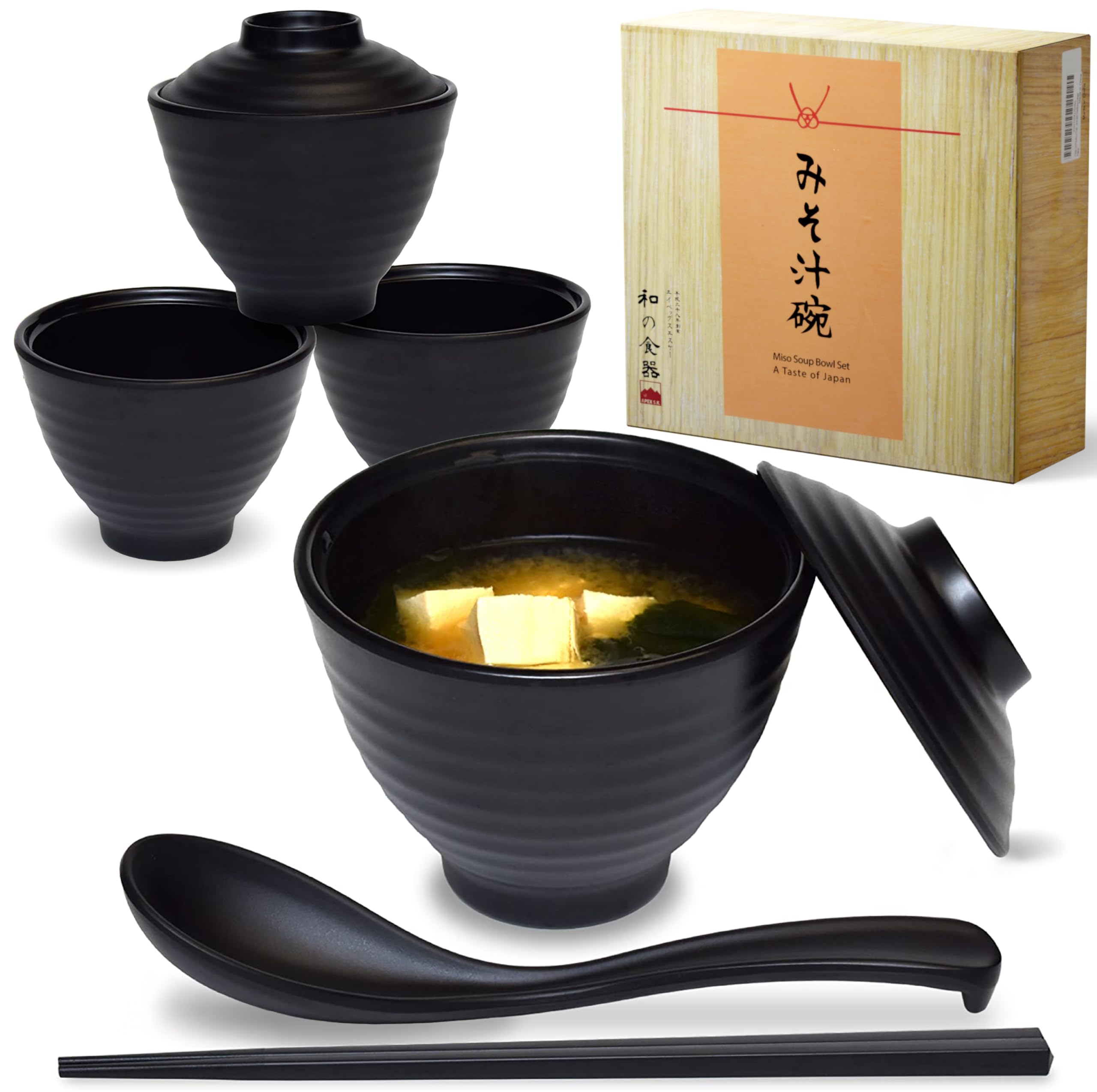 APEX S.K. Miso Soup Bowls with Lids Lacquer Black Soup Bowls Set