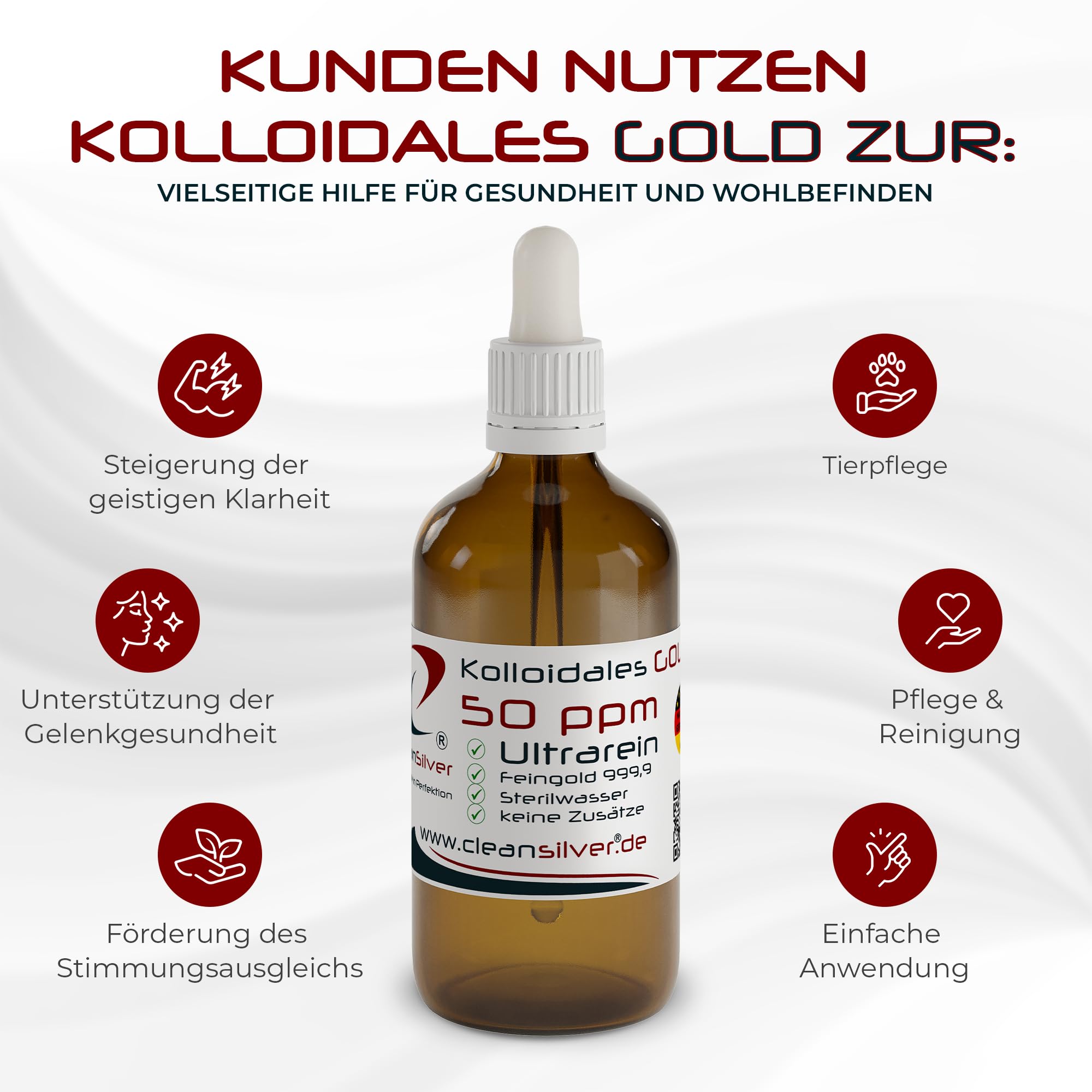 CleanSilver Kolloidales Gold 50 ppm, 100ml mit Pipette - Ultrarein: Sterilwasser und Feingold 99,99% - Made in Germany – stets frisch, keine Lagerware