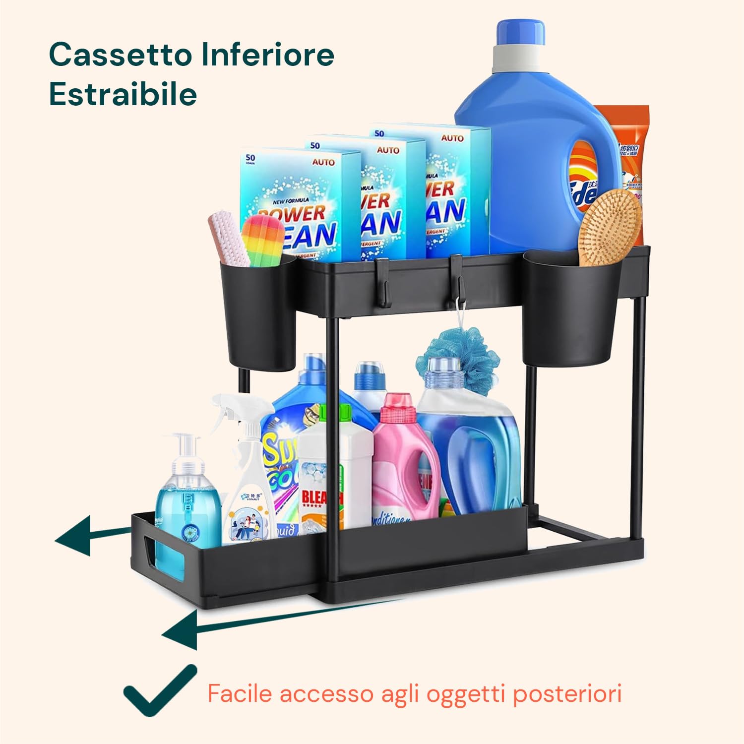 Avilia - Organizer Sottolavello Cucina a 2 Ripiani con Cestelli e Ganci per Ottimizzare Spazio in Bagno e Cucina, Facile da Montare, Ideale per Detergenti e Accessori di Uso Quotidiano