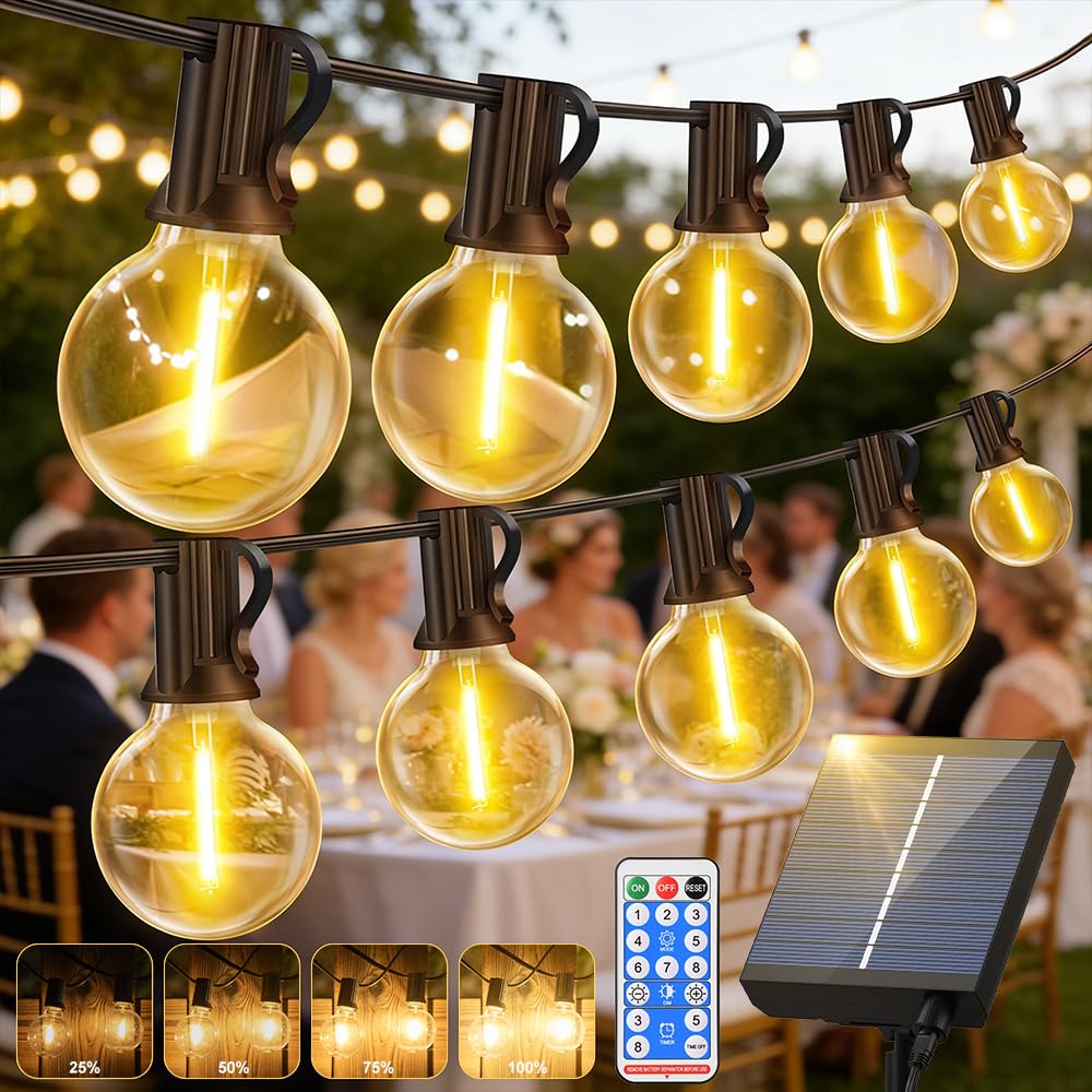 Pbgmrt Warm White Solar String Lights Outdoor Garden - G40 100Ft String Lights Festoon - Remote Control 30M Light Outside Solar Powered Waterproof Led - Patio Party Gazebo Weding