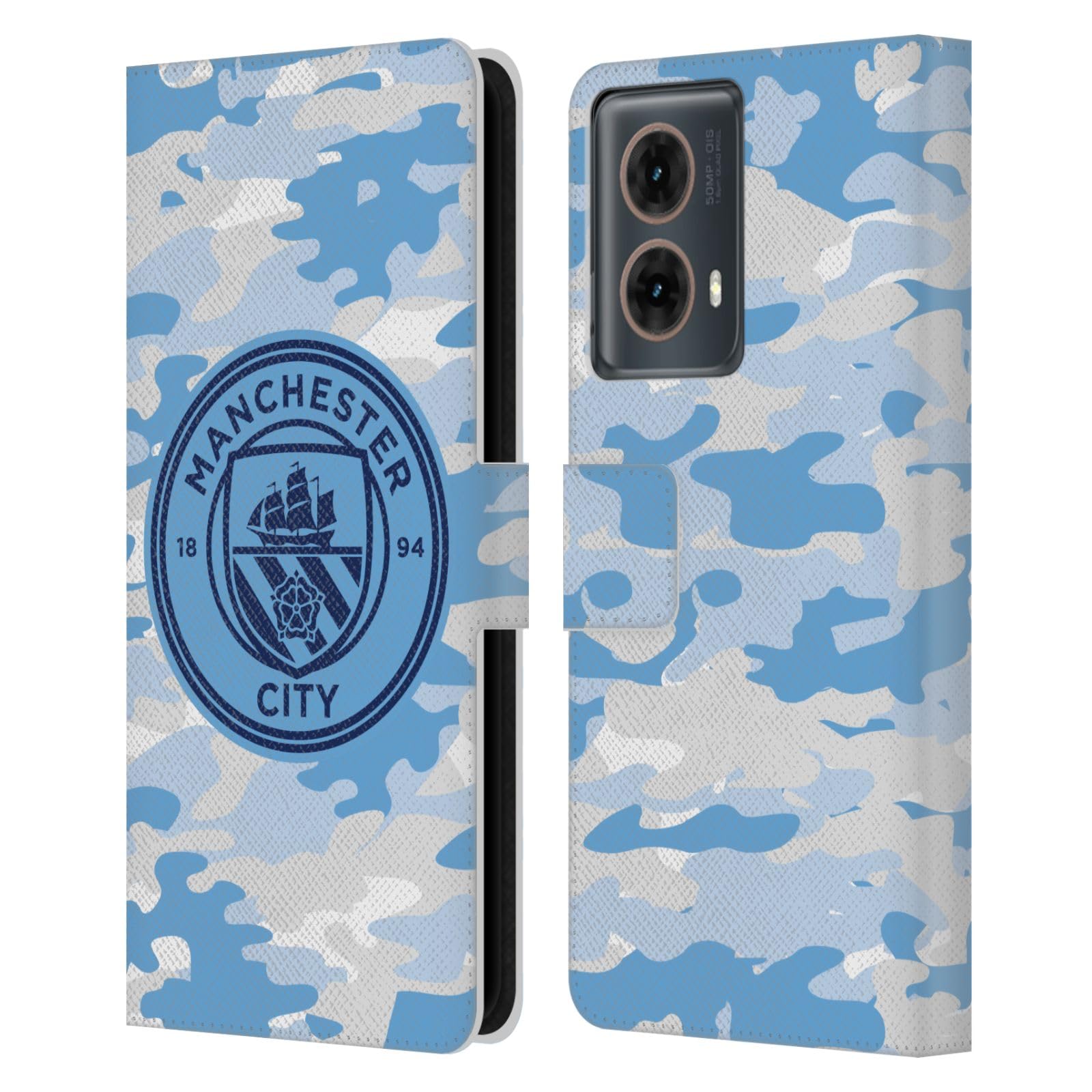 Head Case Designs Officially Licensed Manchester City Man City FC Light Blue Moon Mono Badge Camou Leather Book Wallet Case Cover Compatible with Motorola Moto G85