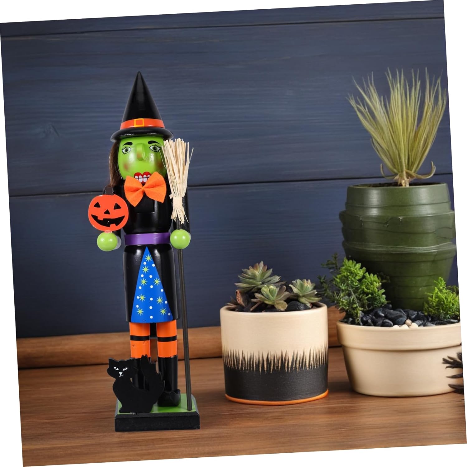 Wooden Nutcracker Soldier Witch Figurine Halloween Decor for Unique Displays Great for Tables Shelves and Goody Bag Fillers