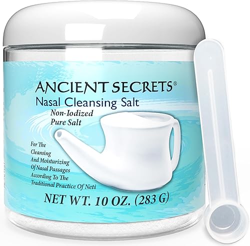Ancient Secrets Nasal Cleansing Salt, Non-Iodized – USP-Grade Sodium Chloride for Any Neti Pot, Sinus Irrigation System, 10 Oz + Single-Use Travel