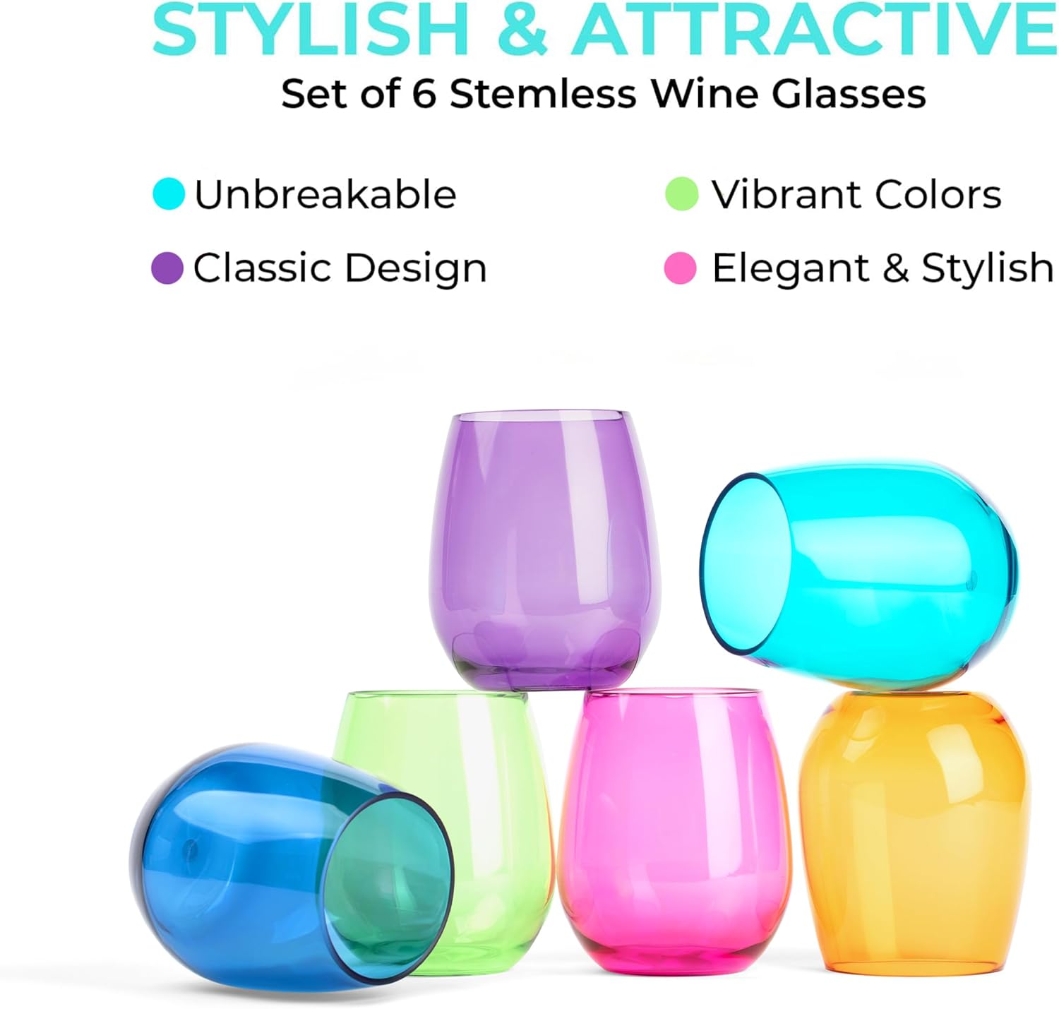 pop design Premium Unbreakable Stemless Wine Glasses – Set of 6 Durable BPA-Free Shatterproof Acrylic Glasses, 16oz Reusable Drinkware for Wine, Champagne, Cocktails, Home Bar & Outdoor Use - Image 4