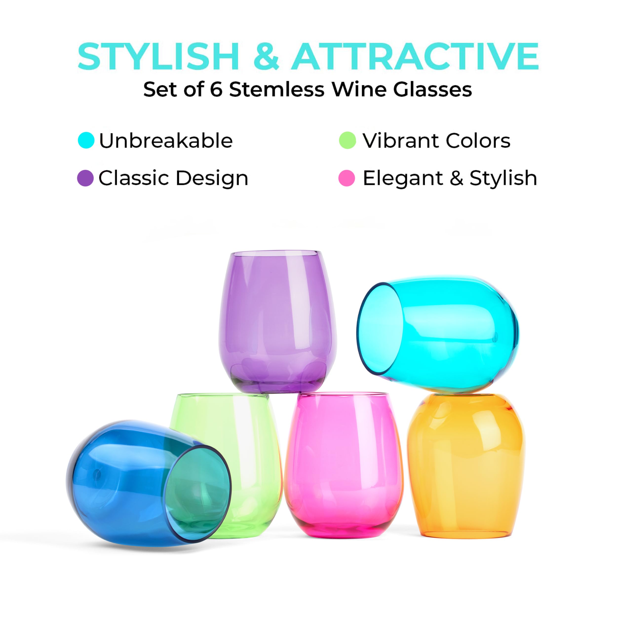 Juego de 6 copas de vino acrílicas de colores, copas de vino de plástico sin BPA, copas de vino acrílicas sin tallo, Tritan, aptas para lavavajillas, copas de vino irrompibles para exteriores, copas