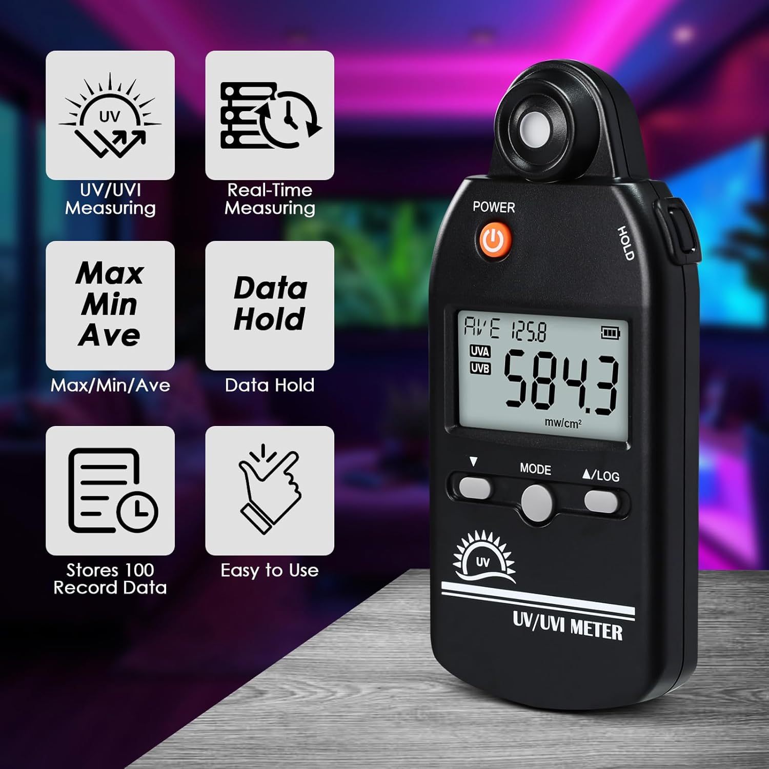 UV Meter, UV Index Meter, 280-400 nm Handheld Digital Radiometer UVA/UVB/UVI Meter, 0-5000 μW/cm² Measuring Range UV Light Detector for Reptiles