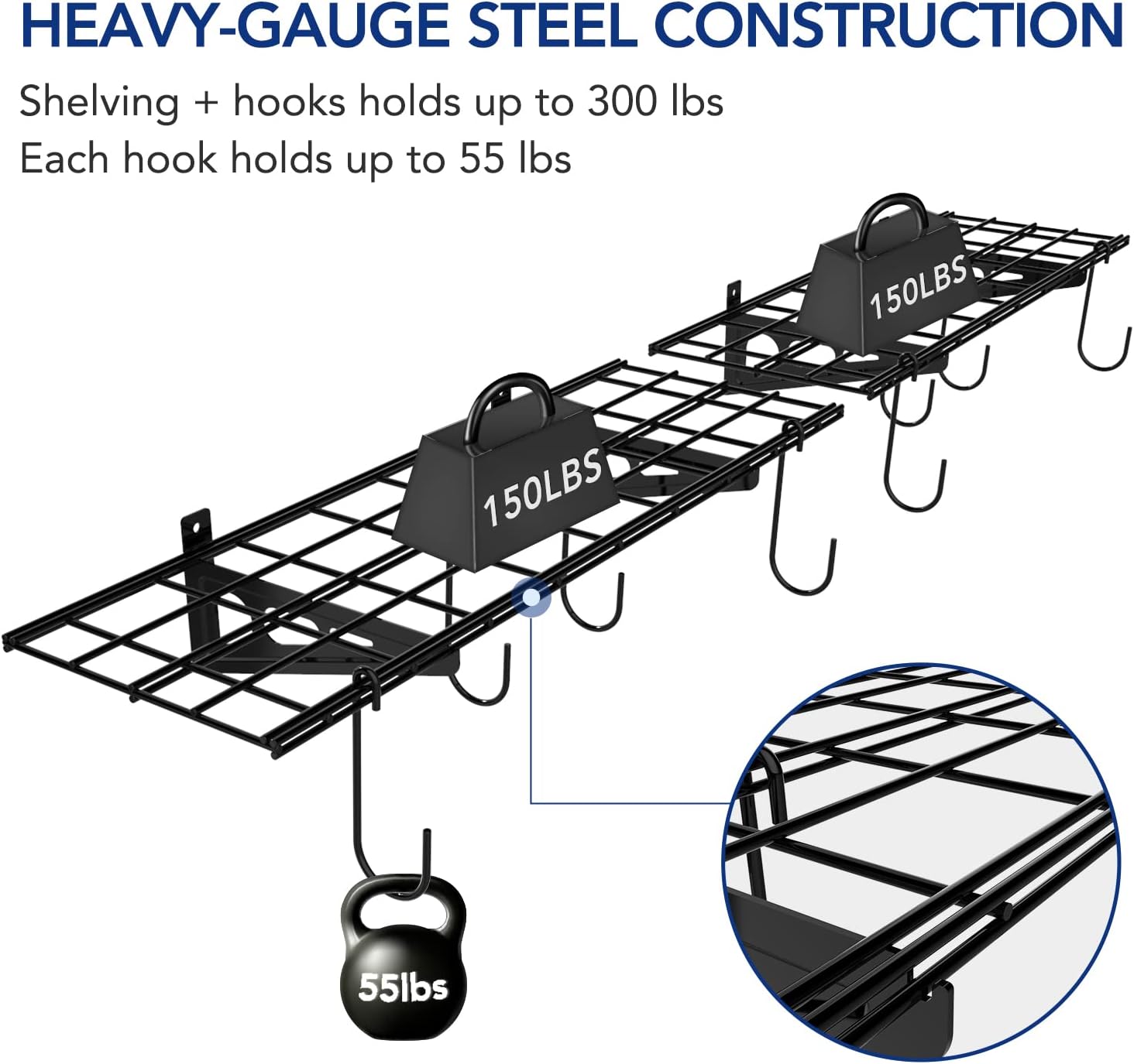 FLEXIMOUNTS Garage Storage Bundle – 2-Pack 1x3ft Wall Shelves with 8 Bike Hooks (300lbs Capacity) & 2x8 Adjustable Overhead Ceiling Rack (400lbs Capacity), Heavy-Duty Metal Garage Organization System,