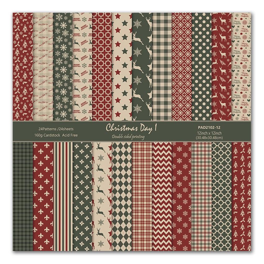 24 Pack Christmas Pattern Paper 12x12 Merry Christmas Scrapbook Double-Sided Plaid Craft Paper Folded Flat for DIY Card Making Scrapbooking Photo Album