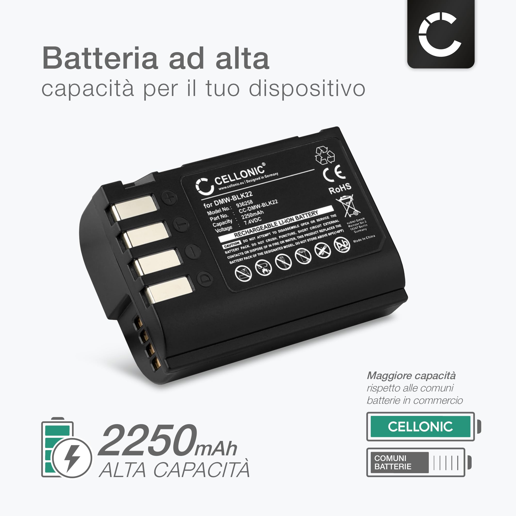 CELLONIC 2x Batteria compatibile con Panasonic DMW-BLK22, Lumix G9 | 2x, (2250mAh-7.4V-Ioni di Litio), Fotocamera Batteria per Panasonic DMW-BLK22, Lumix DC-S5 II, Lumix DC-S5 IIX, DMW-BTC15