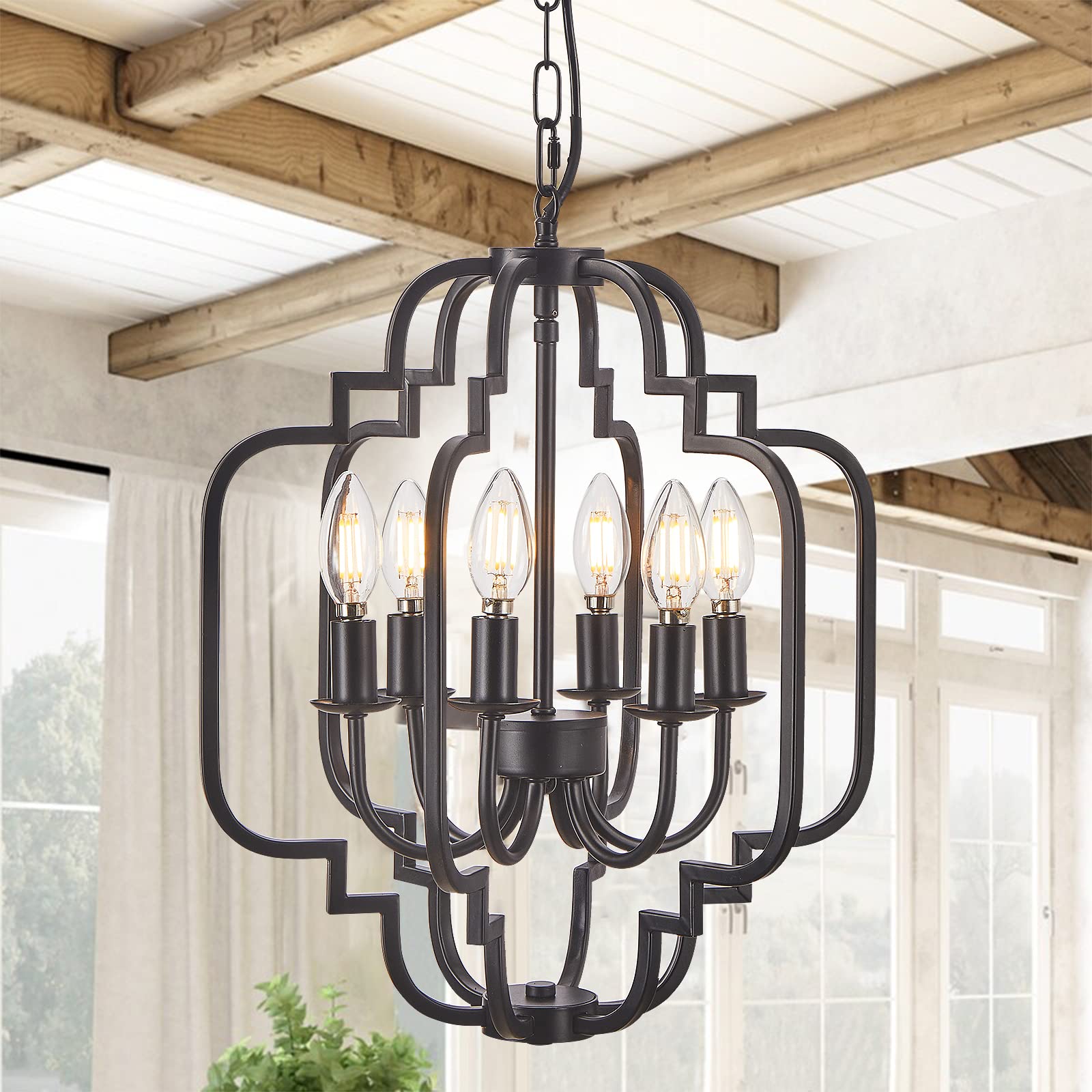 DUJAHMLAND Black Farmhouse Chandelier,6-Light Rustic Vintage Adjustable Pendant Light Fixture for Dining Room,Living Room,Kitchen Island,Foyer Industry Lantern Metal Hanging Lighting(Black, 6-Light)