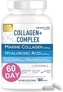 Granions Marine Collagen Pills – 2000mg Hydrolyzed Marine Collagen Peptides, Hyaluronic Acid, Vitamin C, Calcium, Magnesium – Skin, Hair, Nails, Pro Aging Hyaluronic Acid Supplements – 180 Tablets