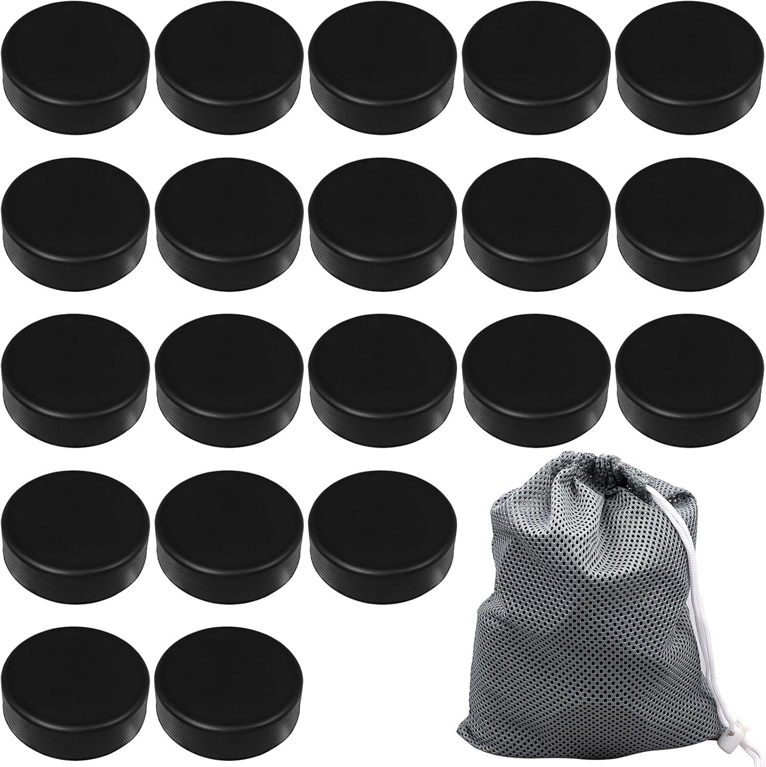 TESIN 20 Pack Sport Ice Hockey Pucks with Reusable Mesh Bag,Soft Polyurethane Foam Hockey Pucks for Practicing and Classic Training, Diameter 3", Thickness 1", Black,Training Equipment Hockey Gifts