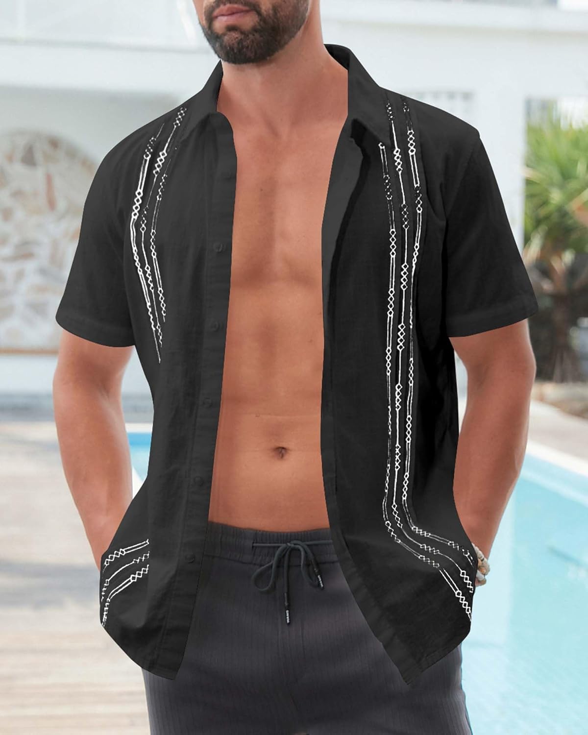 Mens Linen Guayabera Shirts Short Sleeve Summer Beach Casual Cuban Shirt - Image 3