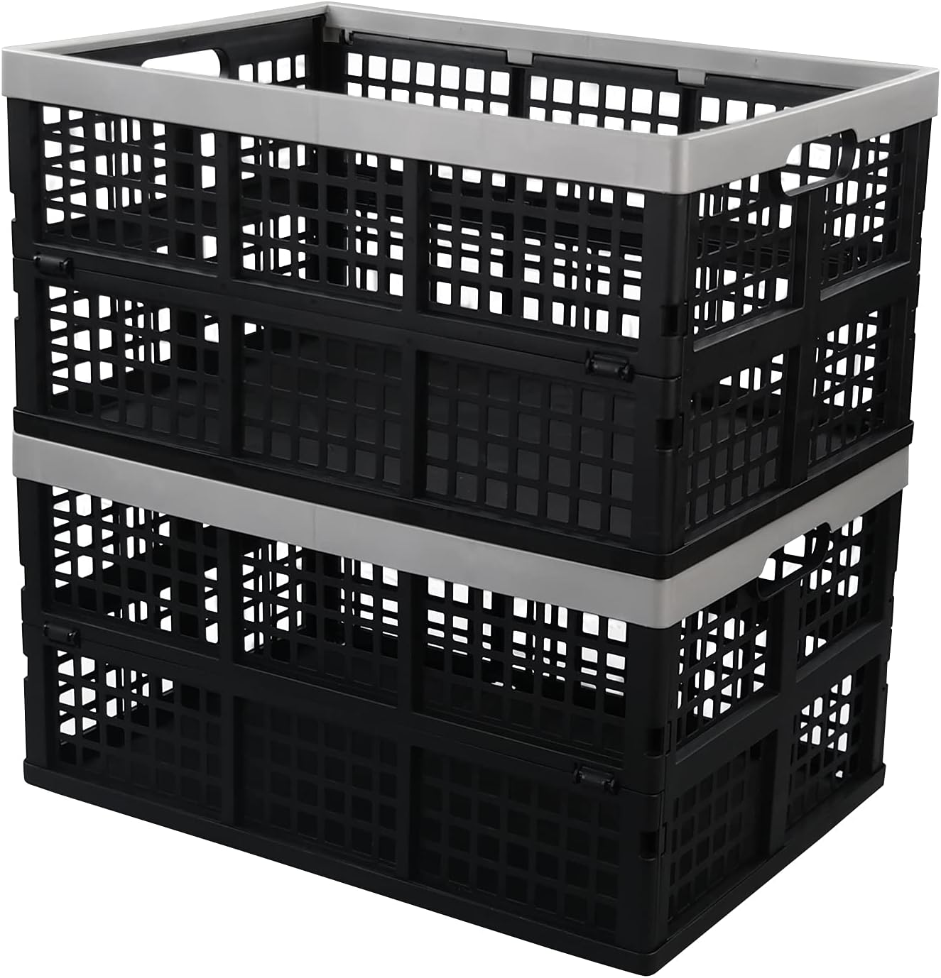 2 Pack 42 L Stackable Plastic Folding Crate, Plastic Collapsible Storage Basket, Organizer Bin for Car Trunk, Home, Office, Grocery, Clothes