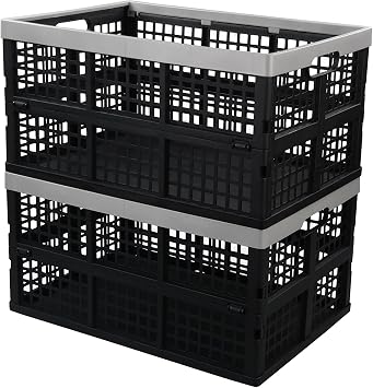 2 Pack 42 L Stackable Plastic Folding Crate, Plastic Collapsible Storage Basket, Organizer Bin for Car Trunk, Home, Office, Grocery, Clothes