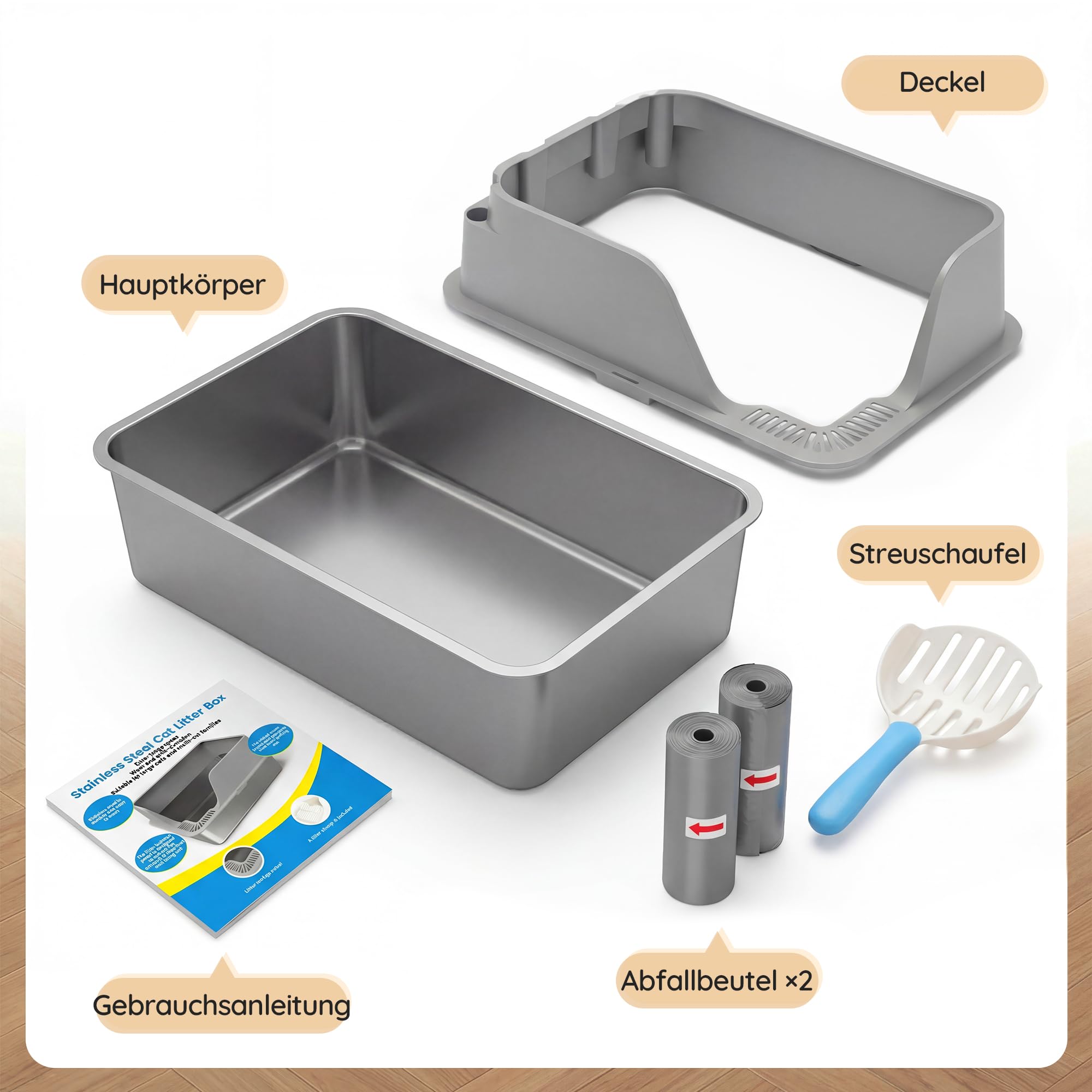 JUMMICO Katzenklo Edelstahl, XXL Katzentoilette aus Edelstahl, Katzenklo mit Schaufel und Matte, erhöhtem Rand, offen, leicht zu reinigen