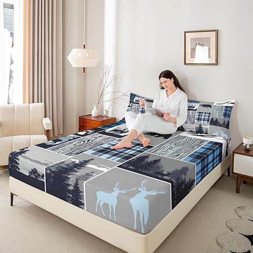 Miniatura 54 de Sábana bajera ajustable de oso de caza, juego de ropa de cama a cuadros de búfalo, sábanas de retazos de cabaña rústica para niños, niños, Multi