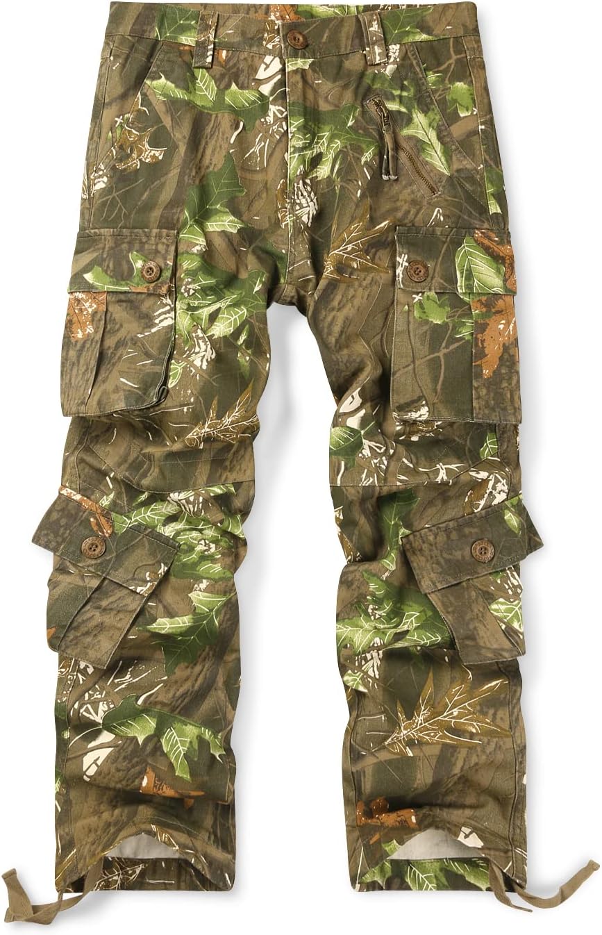 OCHENTA Men's Cotton Casual Cargo Work Pants Baggy Camo Tactical Combat Trousers with 8 Pockets (No Belt)