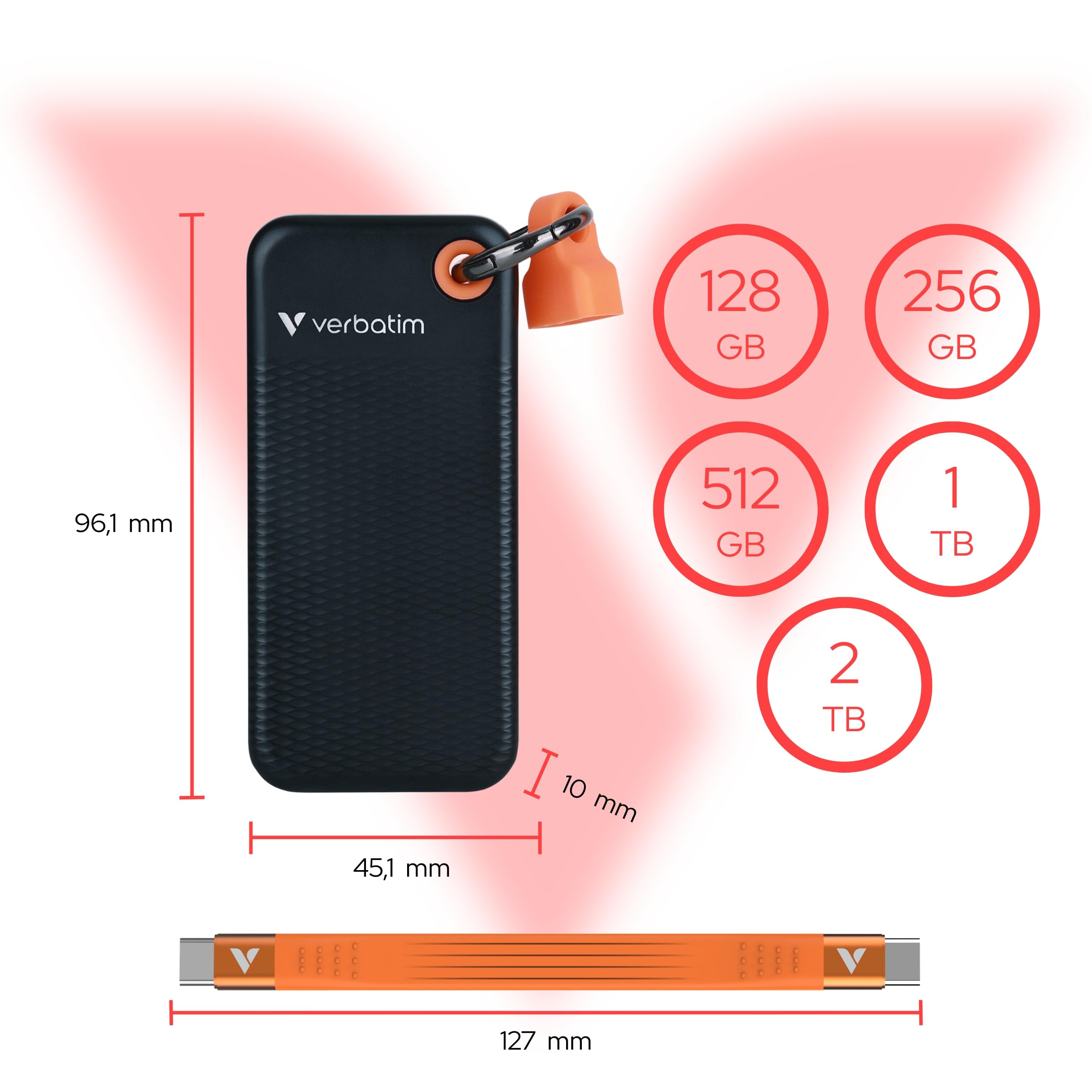 Verbatim Pocket SSD 2TB Externe SSD USB 3.2 Gen2 1000MB/s Schwarz Orange | Kompakt mit Schutzhülle, Bis zu 1000 MB/s Lesen & Schreiben, tragbare externe Festplatte für PC, Mac & Konsole