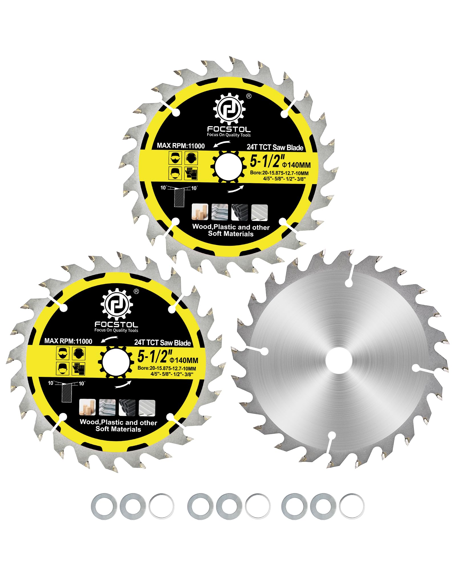 FOCSTOL Wood Cutting Circular Saw Blade 140mm - 3pcs 24 Teeth TCT Cutting Blade for Wood, Plywood, Particle Board, Plastics and Other Soft Materials