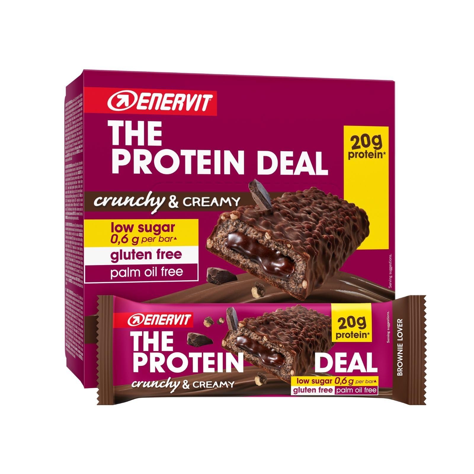 Enervit The Protein Deal Brownie Lover – Proteinriegel, Zartbitterschokoladengeschmack, weiche Brownie-Füllung, 20 g Protein, 0,6 g Zucker, köstlicher Snack, Glutenfrei, 12 Riegel à 55 g