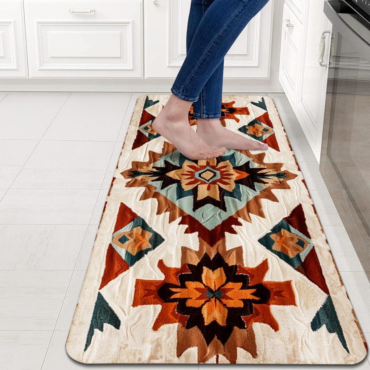 Rustic Navajo Kitchen Rugs Set of 2, Aztec Geometric Cotton Blend Linen Non Slip Kitchen Floor Mats for Home Office Bedroom Bathroom Laundry, Southwestern Gift, 17" x 29 + 17" x 47" - Image 6