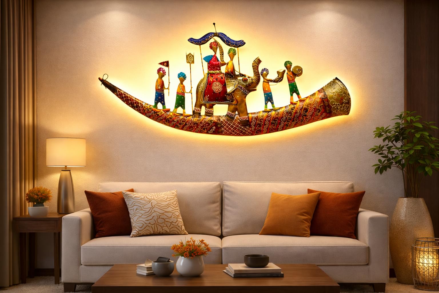 RSN Premium Metal Wall Decor with Back LED Light (46x19 Inch) β Royal Elephant Baarat Scene, Handcrafted Rajasthani Wedding Procession Art, Multicolor Wall Hanging for Living Room & Hall Decor 1