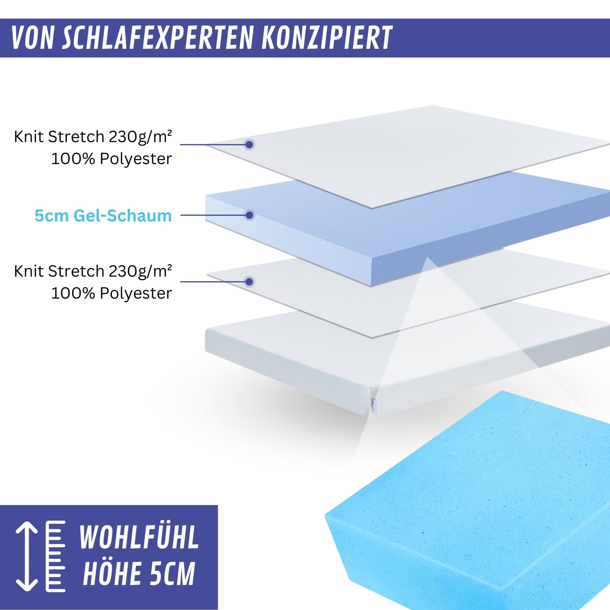 Arensberger Matratzen Topper 140x200cm | Höhe 5cm Essence | Härtegrad H4 H3 | Geltopper Matratzentopper mit waschbarem Bezug | kühlende Matratzenauflage | für Federkern und Schaumstoffmatratzen