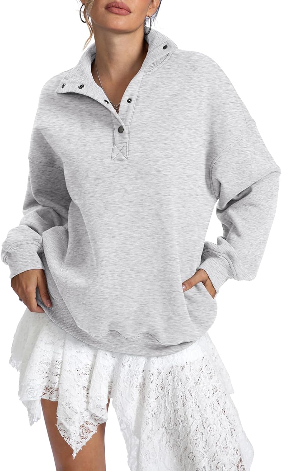 Womens Fleece Sweatshirts Oversized Henley Neck Long Sleeve Button Pullover Tops Trendy Outfits Clothes 2026 - Image 2