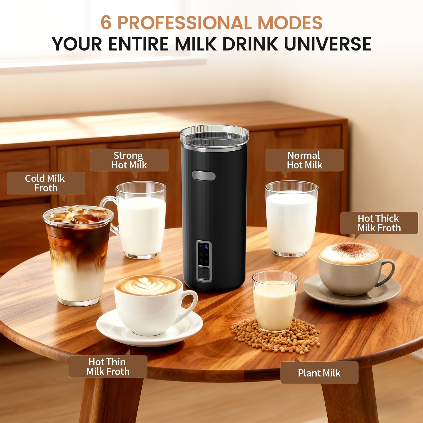 Elektryczny spieniacz do mleka, 6 w 1, automatyczny spieniacz do mleka i podgrzewacz do mleka do latte, cappuccino, macchiato, idealny do użytku domowego i biurowego, łatwy do czyszczenia, czarny