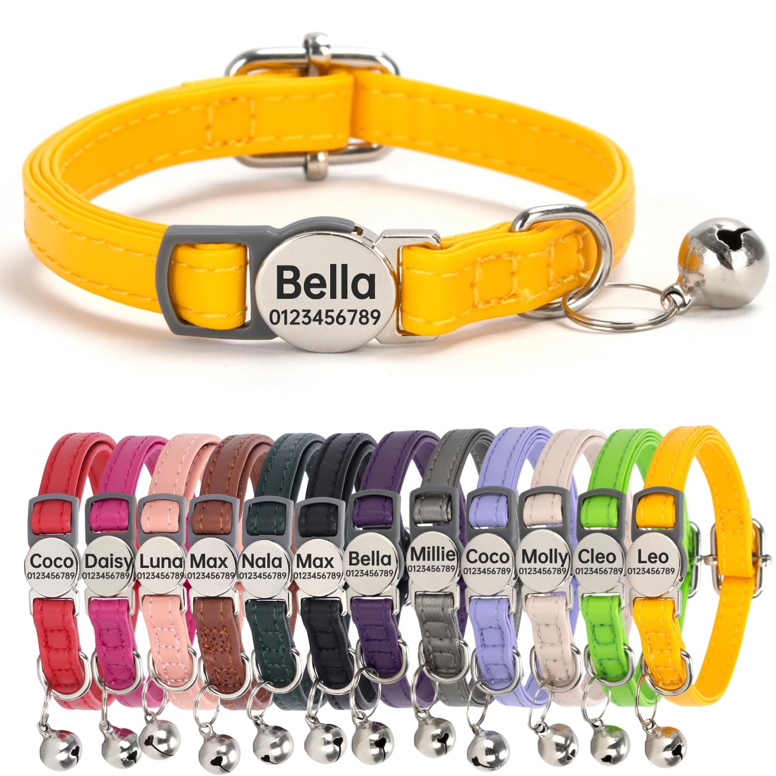 Genuine Leather Cat Collar Quick Release with Personalised Name Tag, breakaway Kitten Collars with Removable Bells & Safety Release, Engraved buckle, 19-30 CM Adjustable, (Yellow) — image 1