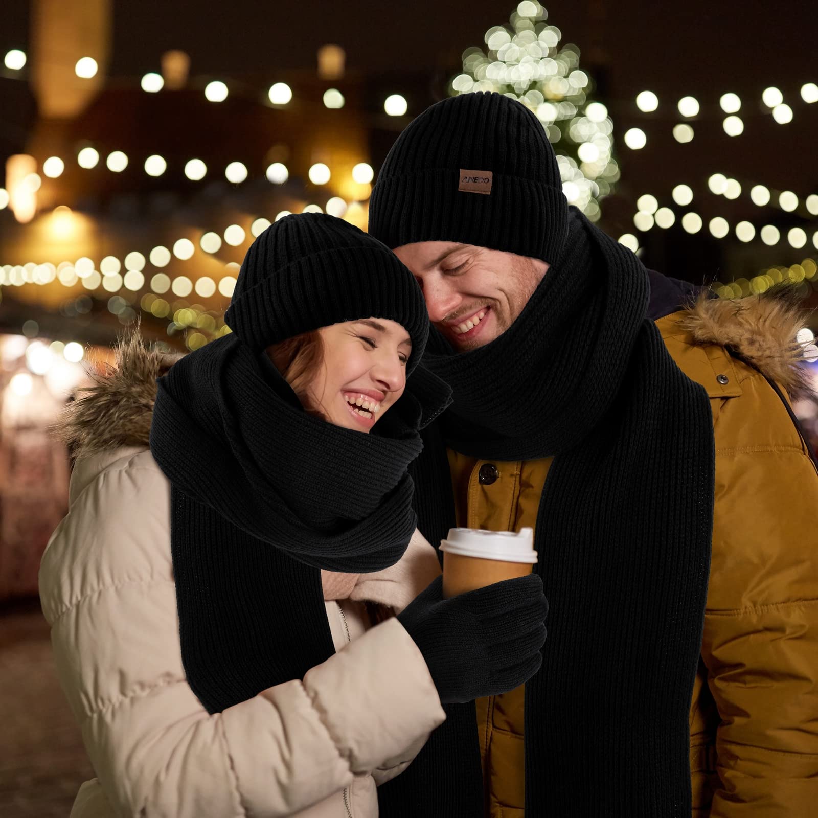 Aneco Guanti in maglia invernale per gli uomini sciarpa più calda cappello beanie paraorecchie termiche guanti touchscreen set per uomini donne