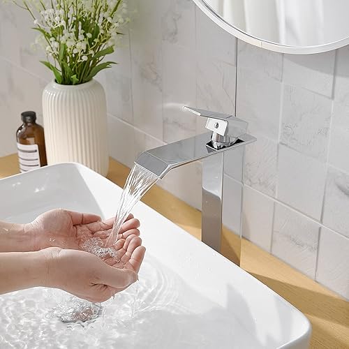 Miniatura 5 de Grifo de lavabo moderno, alto, cromado, cascada, un solo agujero, cromo pulido, lavabo para lavabo RV con desagüe desplegable