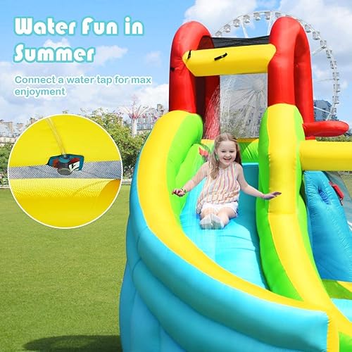 Miniatura 9 de OLAKIDS Tobogán acuático inflable, casa de rebote 6 en 1 con tobogán de pared de escalada para piscina, borde de baloncesto, pistola de agua, parque